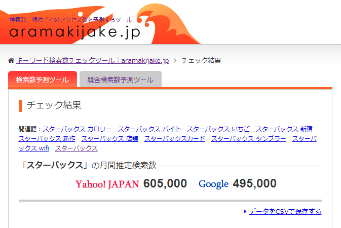 aramakijakeでの「スターバックス」検索数(Yahoo：605,000/Google：495,000)