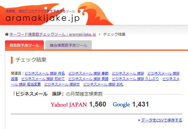 aramakijakeでの「ビジネスメール　挨拶」検索数(Yahoo：1,560/Google：1,431)